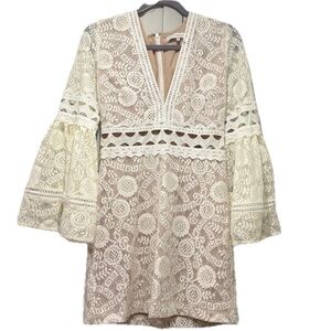 Endless Rose minidress sz S lace bell sleeve V-neck cutout   Ecru NWT  bridal